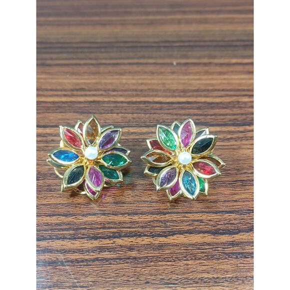 Vintage Earrings Clip On Multicolor Stones Floral Design Red Green Blue Pink Fun - Picture 1 of 5